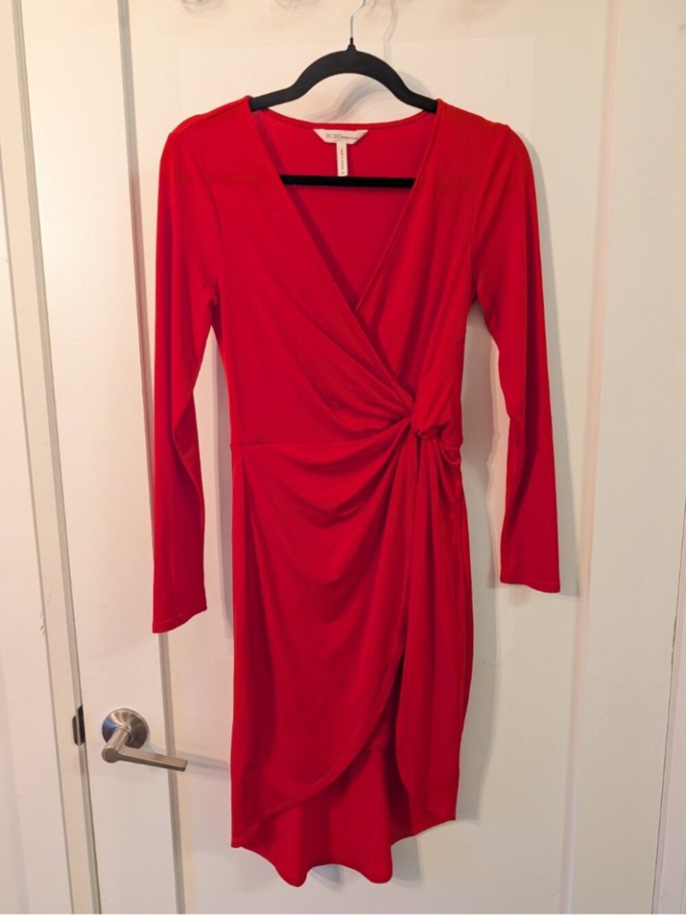 BCBGeneration Red Long Sleeve Faux Wrap Knot Front Jersey Dress XS